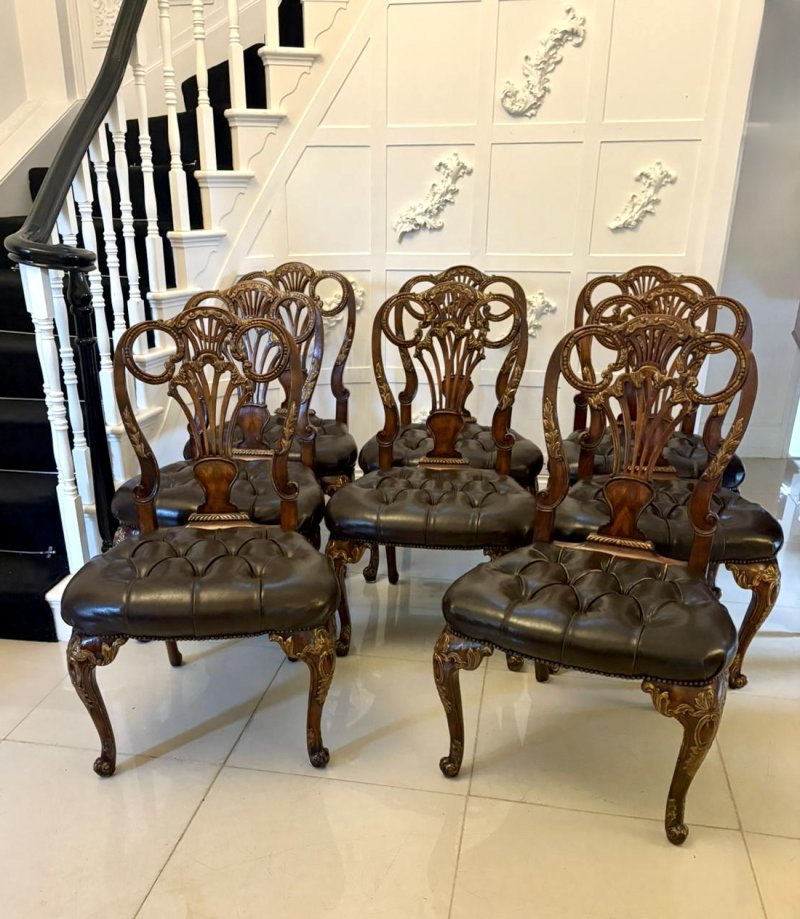 Outstanding Quality Set of 8 Antique Edwardian Carved Walnut and Gilded Dining Chairs